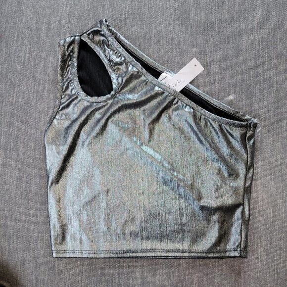 Livi By Olivia Rae Women's Silver Metallic One Shoulder Top Size M - Picture 2 of 6